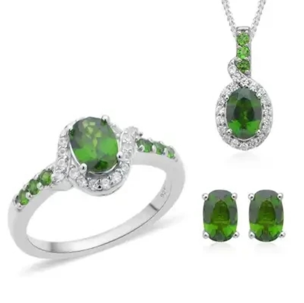 Chrome Diopside Jewelry Set includes Ring, Earrings, and Pendant Necklace